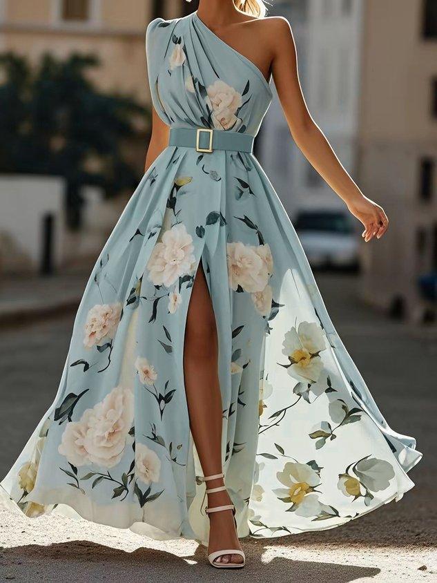 Anna | Vestido maxi verde claro floral de un solo hombro