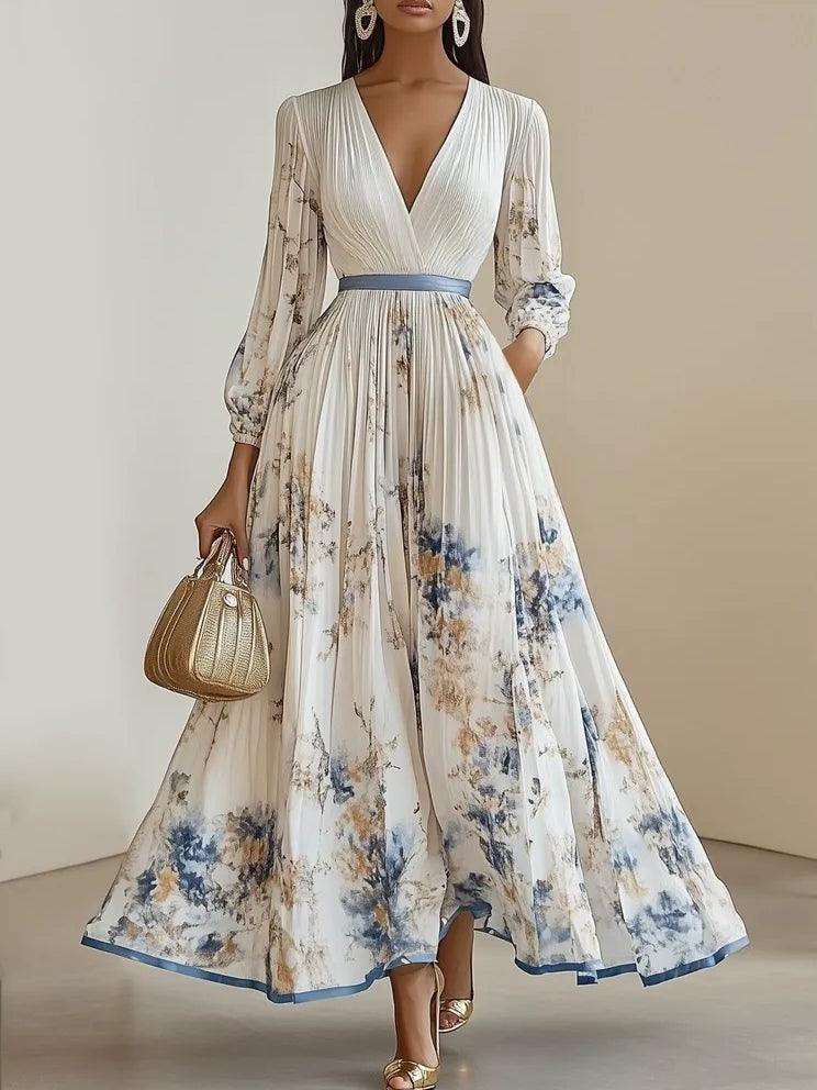 Monika | Vestido maxi blanco floral de chifón con mangas globo