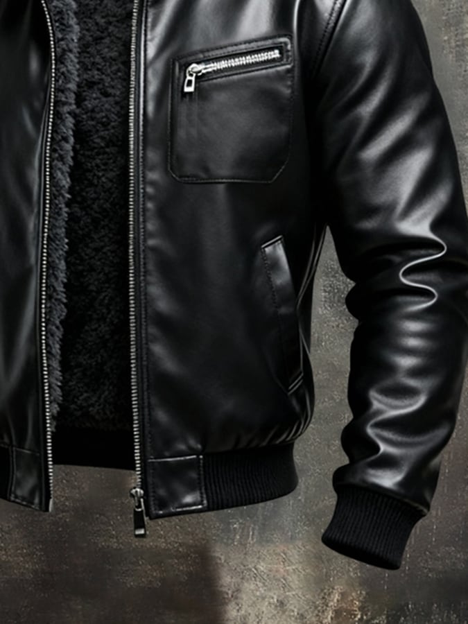 MATEUSZ™ | Chaqueta de cuero negra cálida con forro sherpa