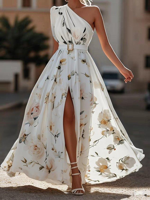 Anna | Vestido maxi verde claro floral de un solo hombro