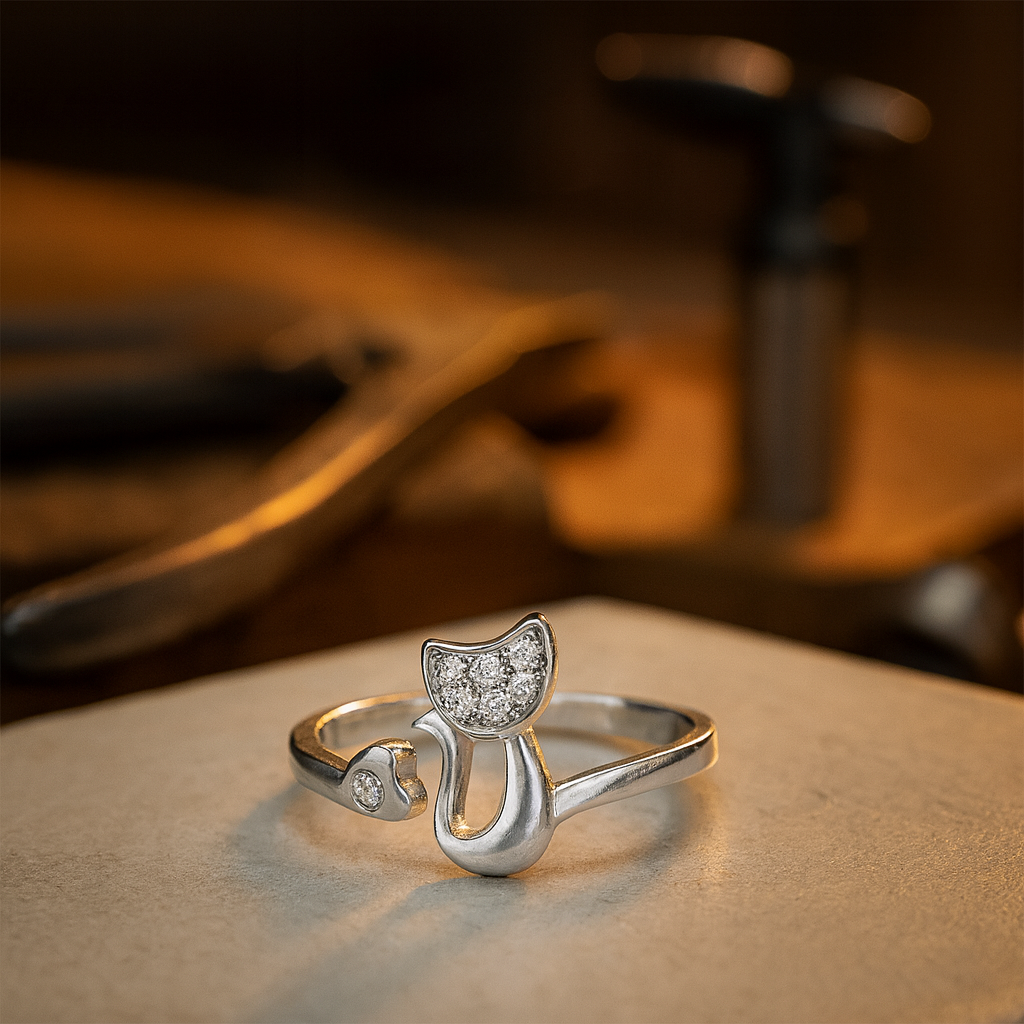 Anillo abierto con lindo gato – Zirconias