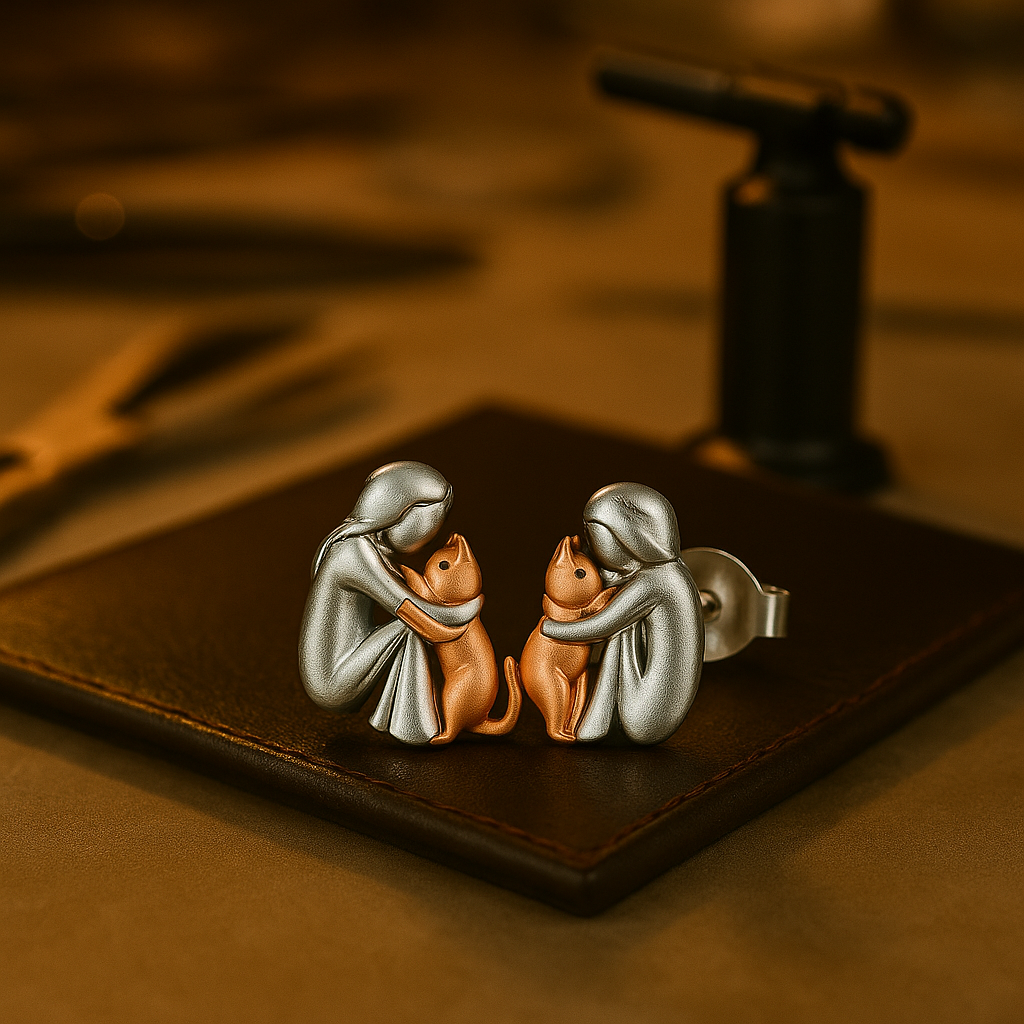 Aretes Gato Abrazo bicolor plata y oro