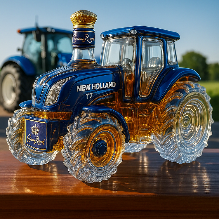 Botella de whisky clásica con forma de tractor New Holland T7.