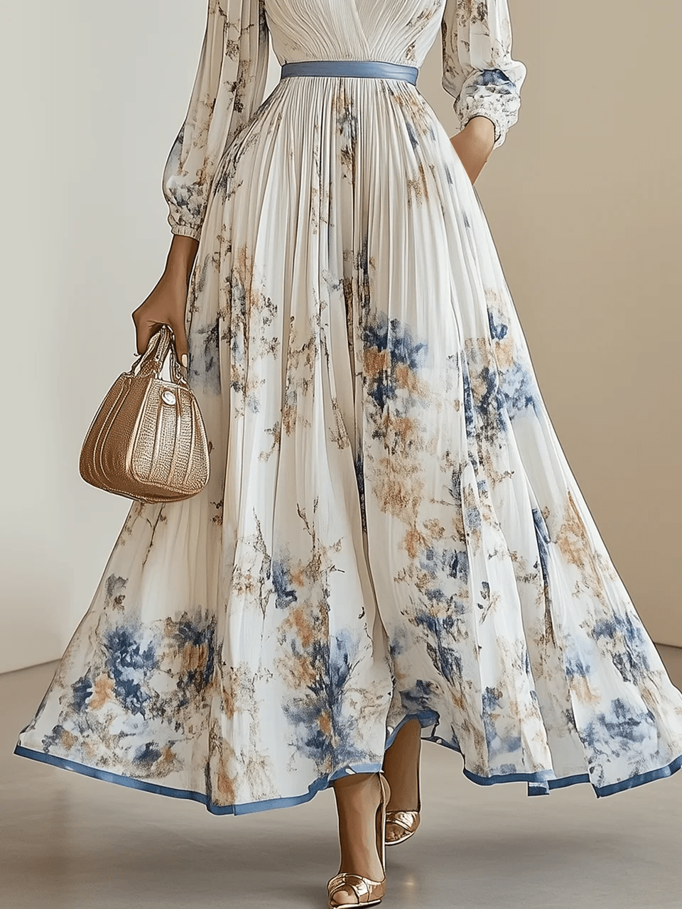 Monika | Vestido maxi blanco floral de chifón con mangas globo