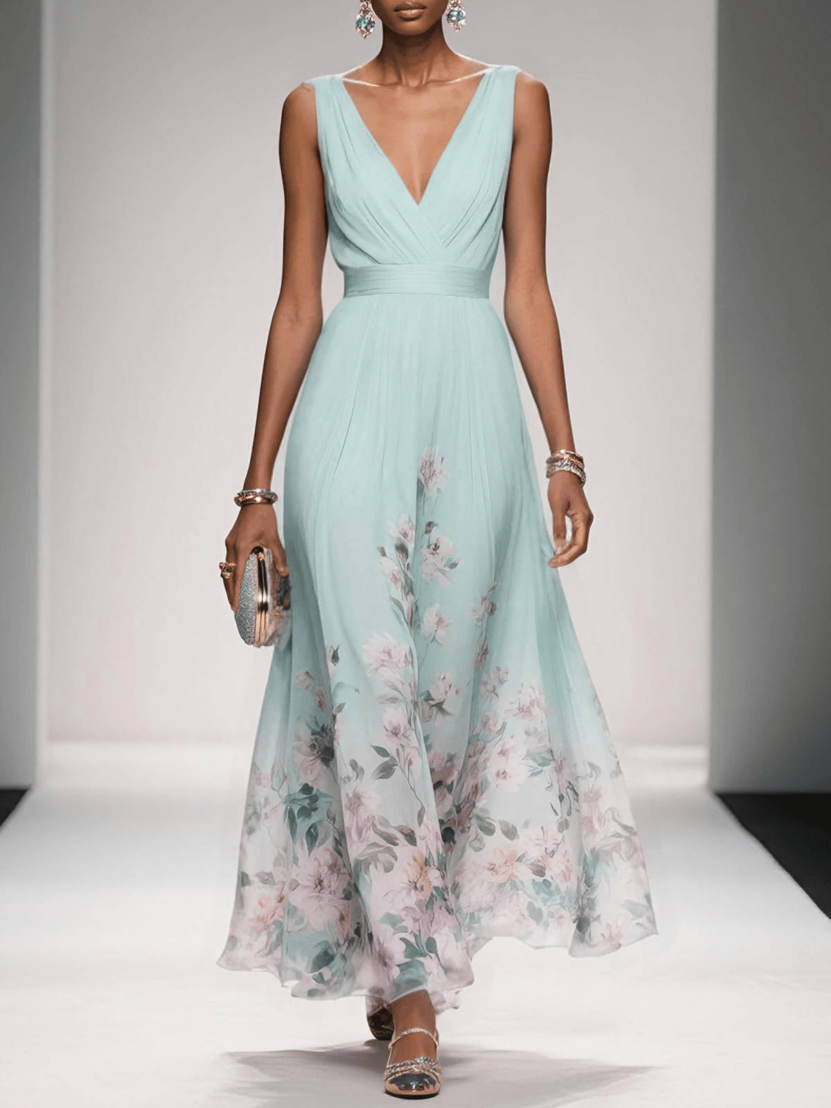 Rosa | Vestido maxi de chifón azul claro con escote en corazón