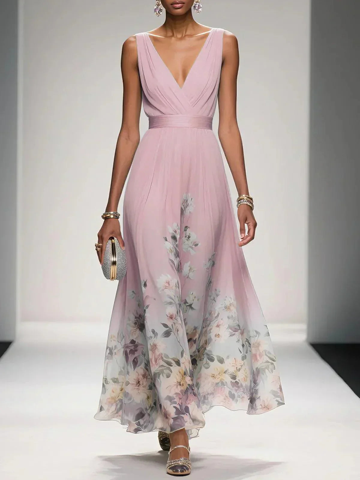 Rosa | Vestido maxi de chifón azul claro con escote en corazón