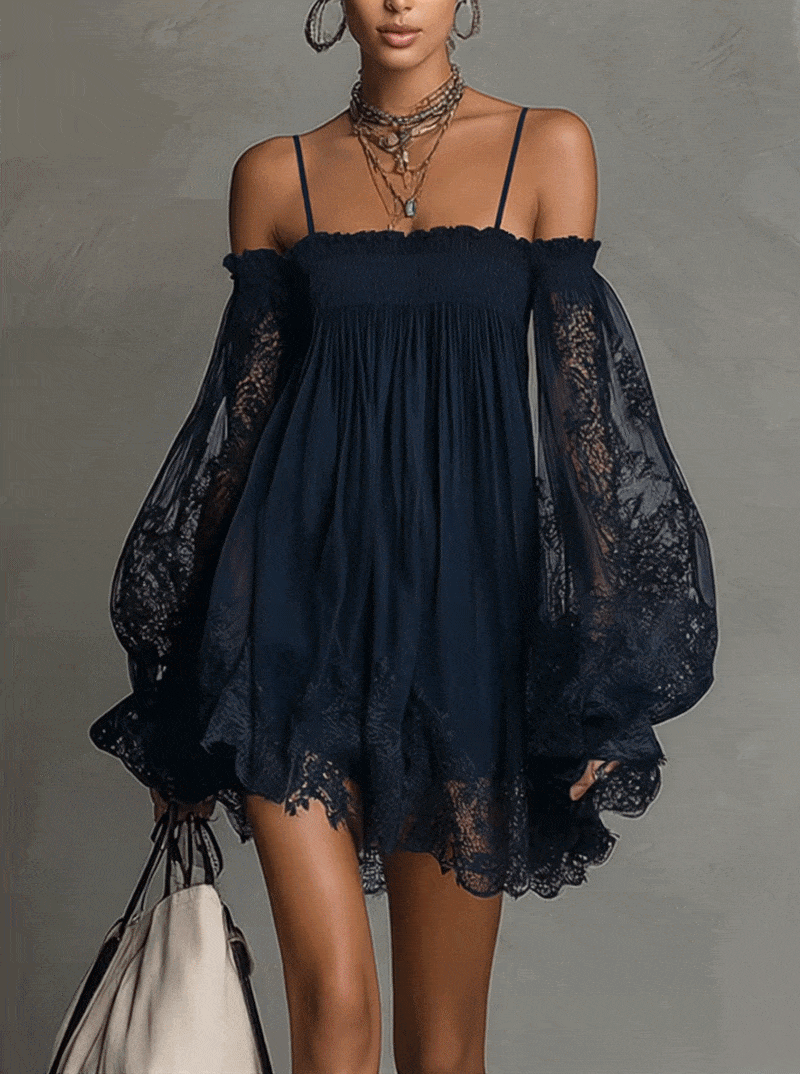 Noemi™ | Vestido mini azul marino con hombros descubiertos y encaje