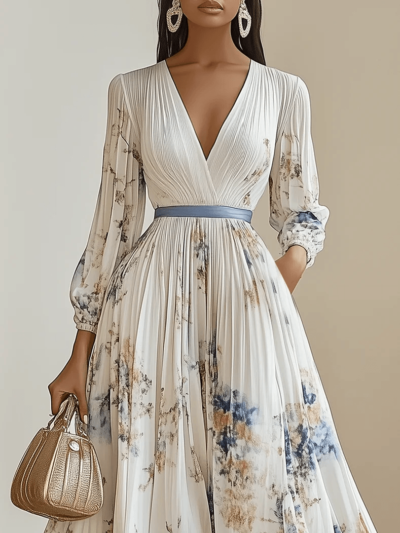 Monika | Vestido maxi blanco floral de chifón con mangas globo