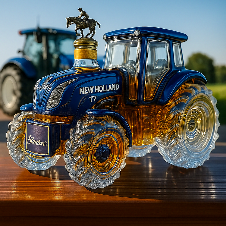 Botella de whisky clásica con forma de tractor New Holland T7.