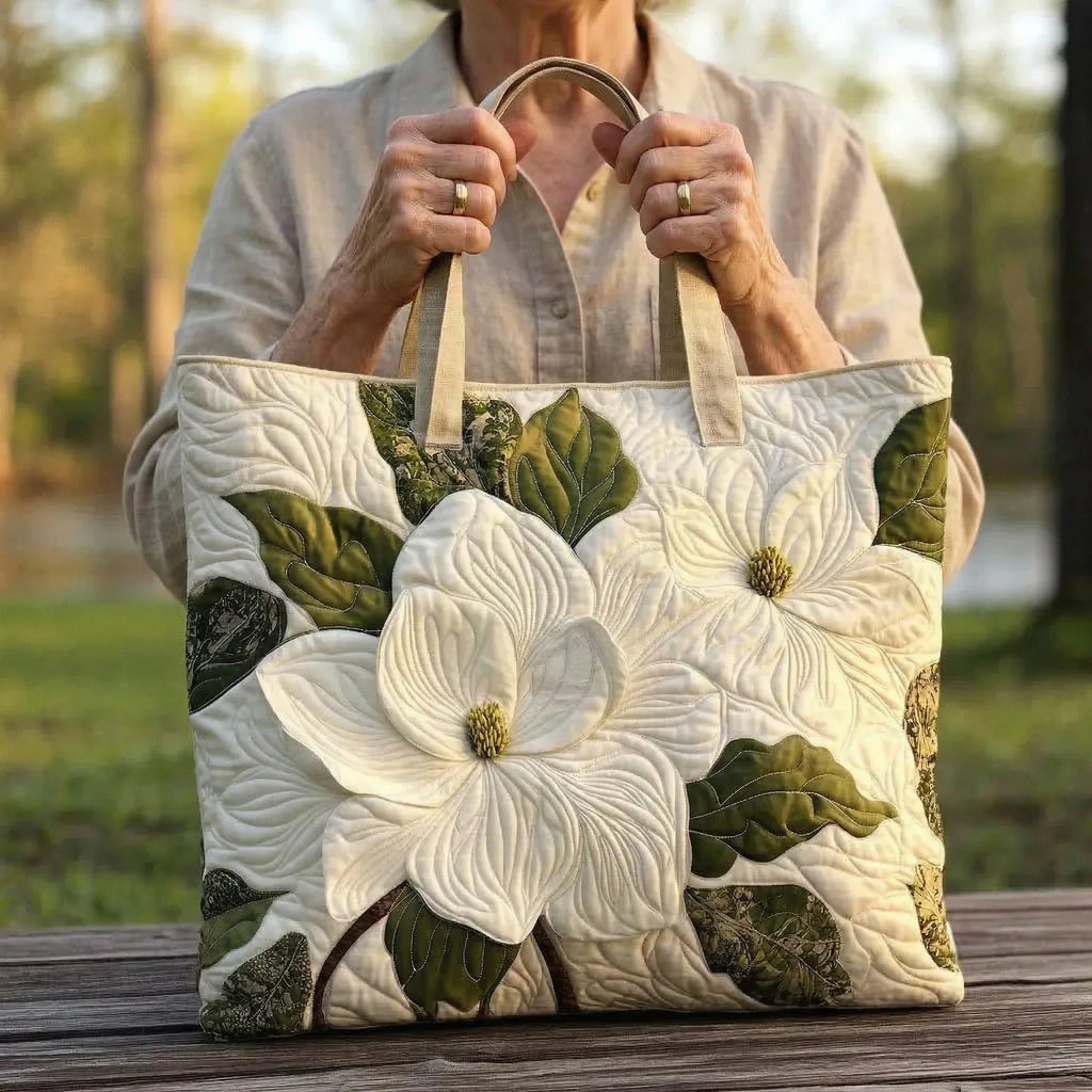 Bolsa artesanal acolchada tipo matelassé - lirios blancos elegantes
