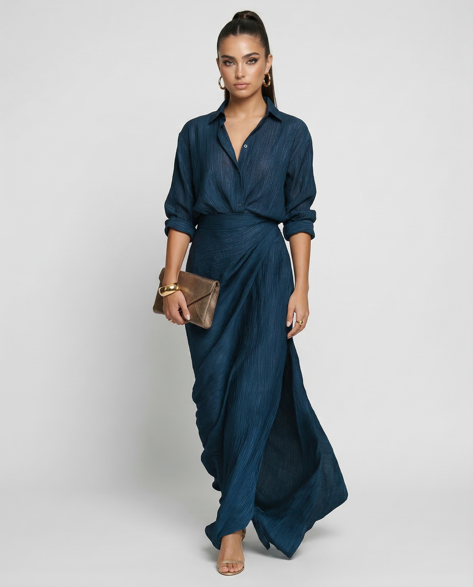 Mar| Elegante conjunto de camisa y falda larga en mezcla de algodón y lino azul oscuro