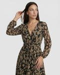 FLORA| Vestido largo estampado con mangas de farol, bajo con volantes y cinturón