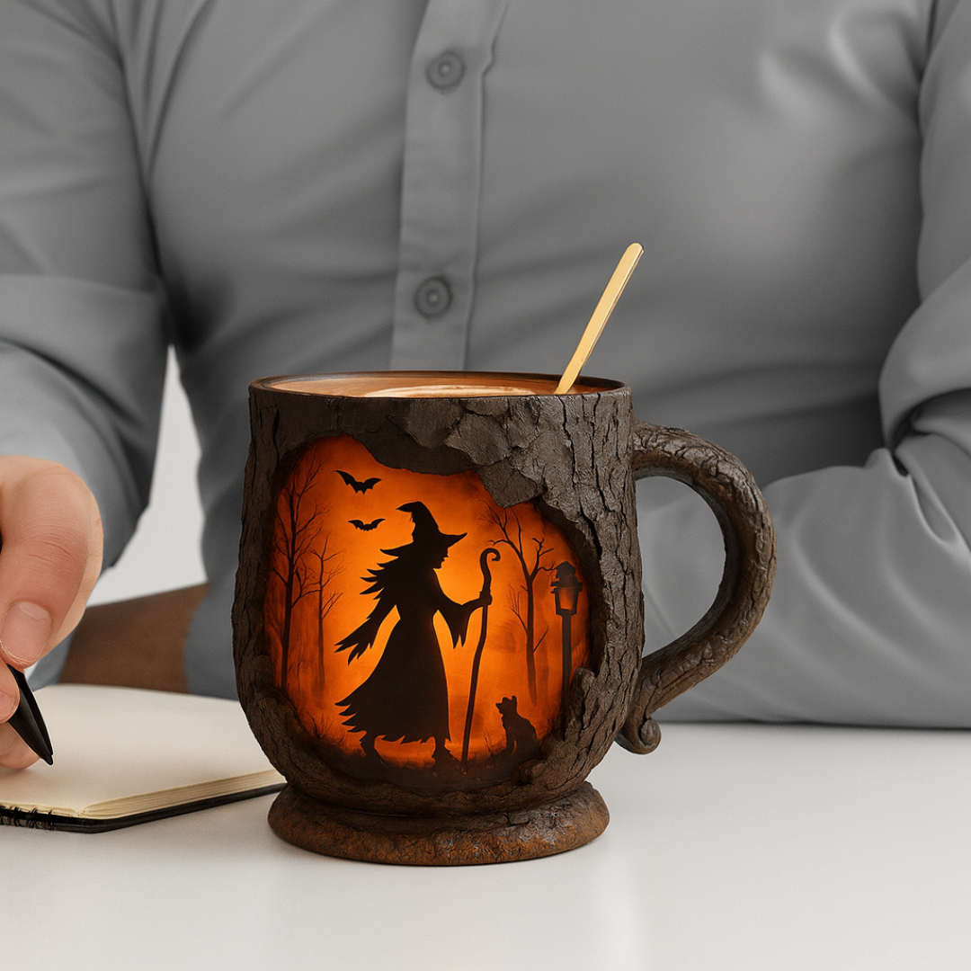 Taza 3D hecha a mano para Halloween: diseño de bruja y gato