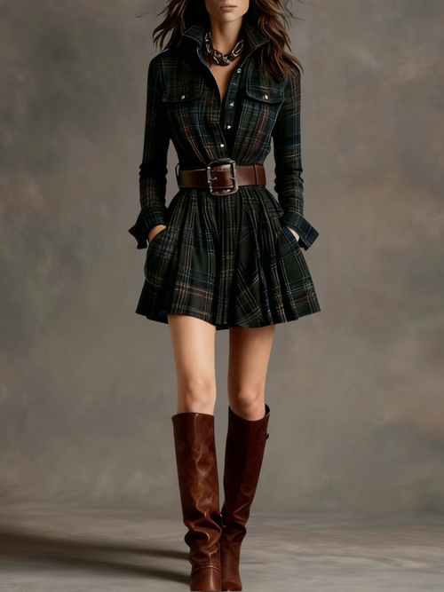 Bárbara ║ Vestido corto camisero de cuadros vintage