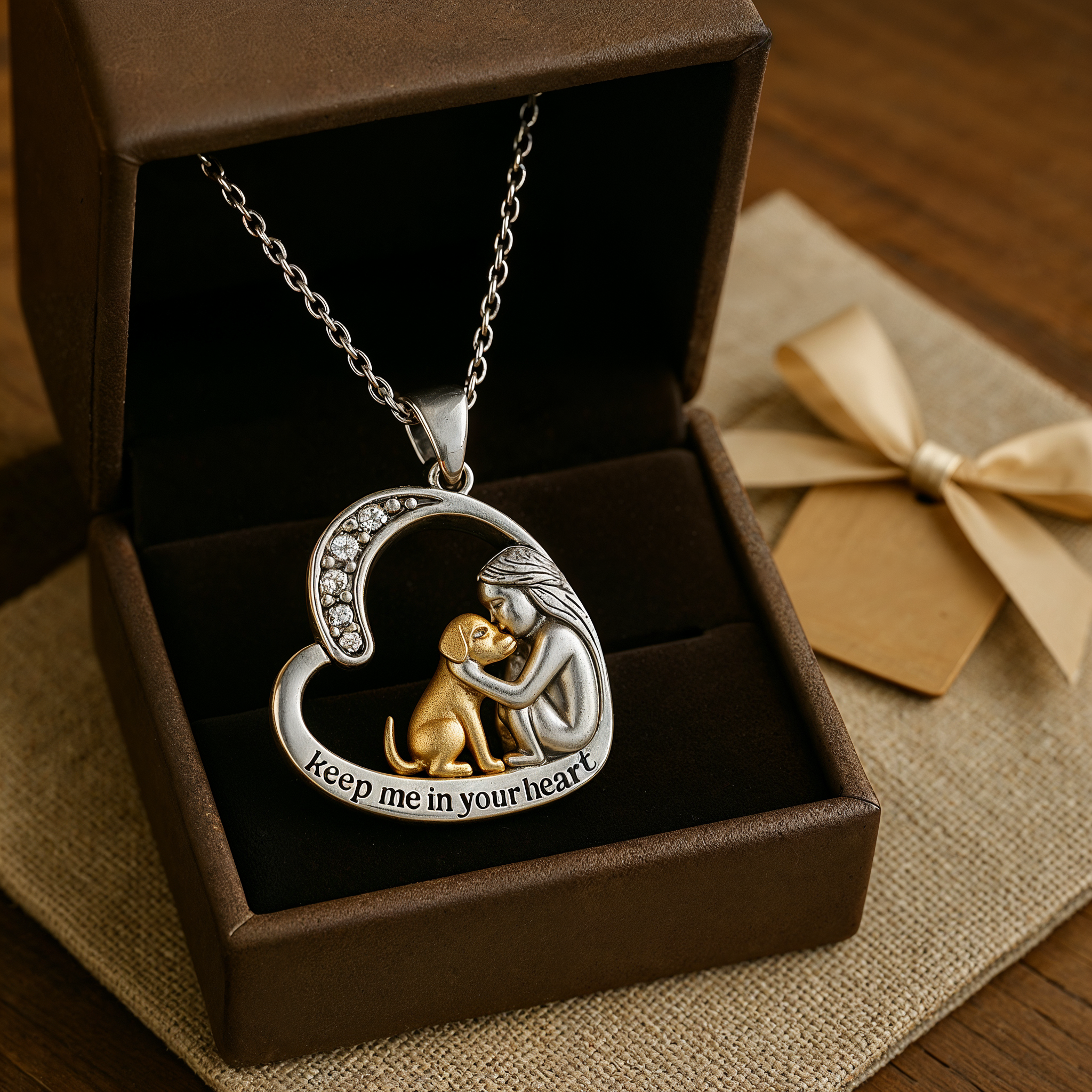 Collar con corazón de plata con perro y piedras de zirconia