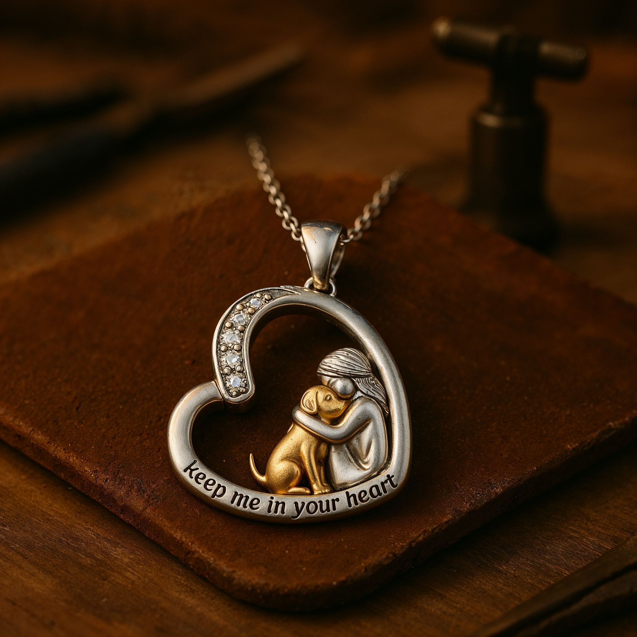 Collar con corazón de plata con perro y piedras de zirconia