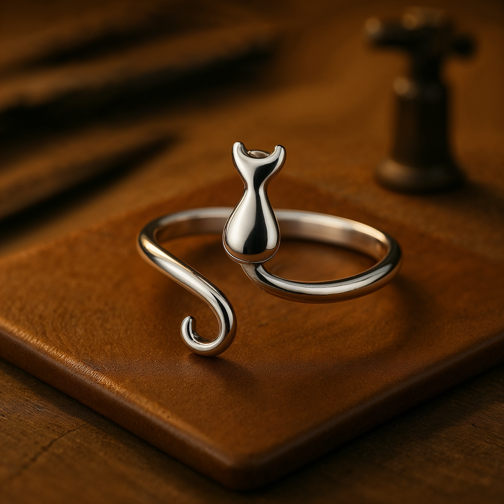 Anillo adorable con gato de acero inoxidable