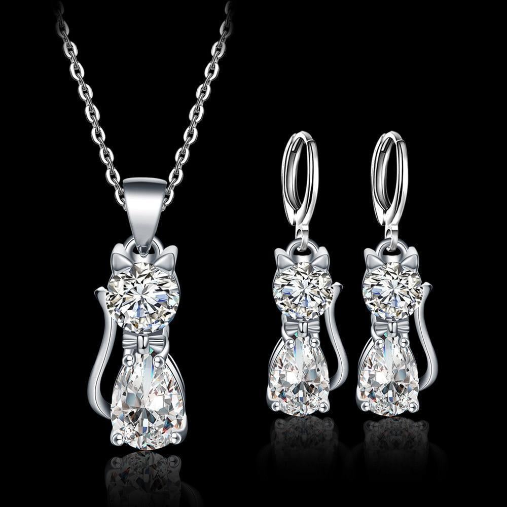 Juego de collar y pendientes Happy Cats en plata esterlina y zirconia blanca brillante