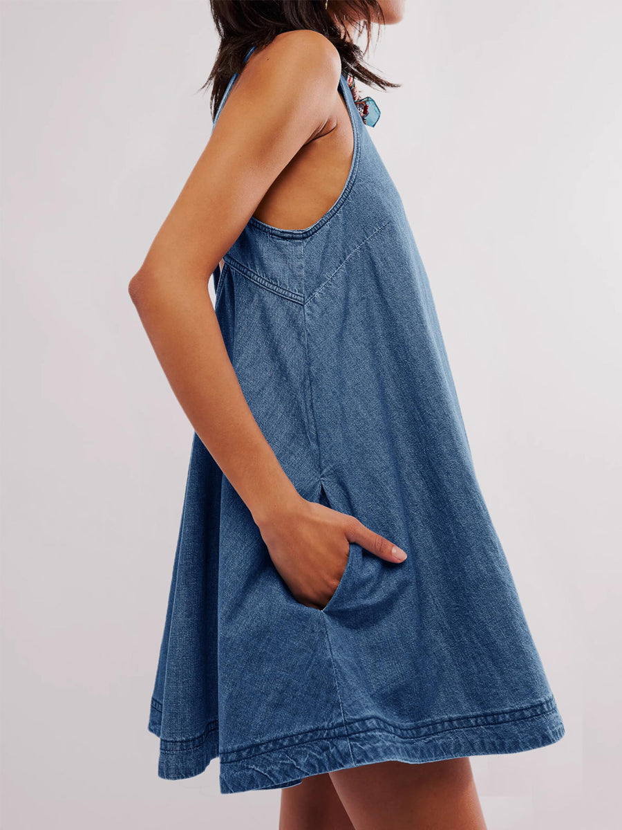 Renata – vestido mini sin mangas de denim con hombros descubiertos