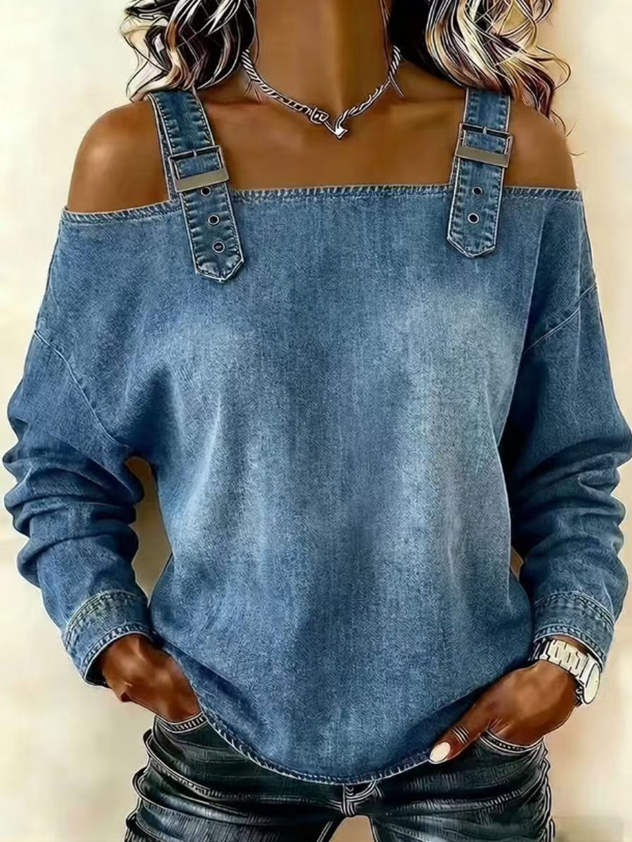 Sandra – blusa de mezclilla con hombros descubiertos y mangas largas