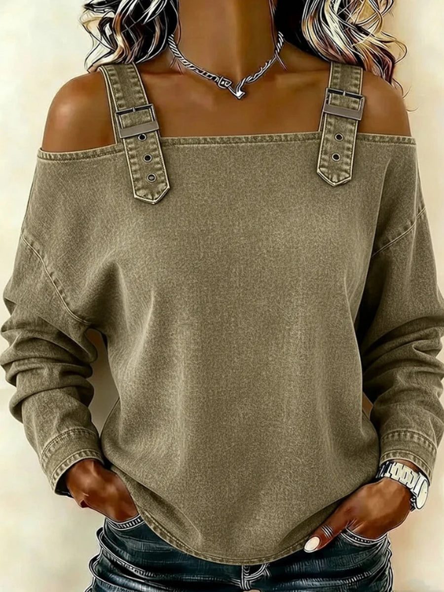 Sandra – blusa de mezclilla con hombros descubiertos y mangas largas