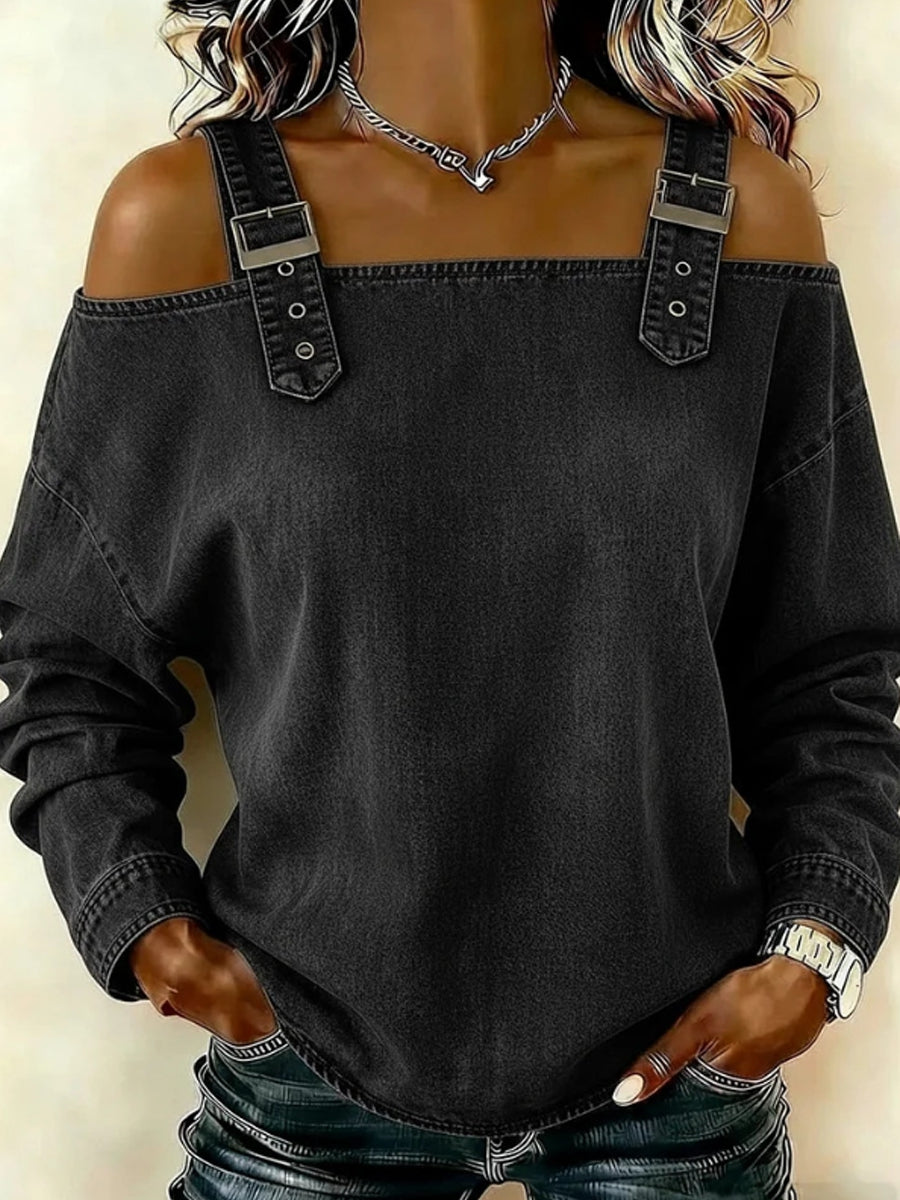 Sandra – blusa de mezclilla con hombros descubiertos y mangas largas