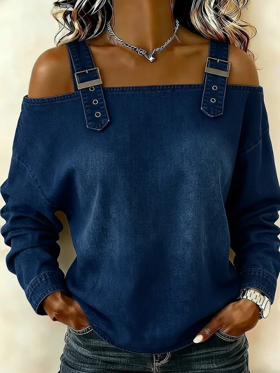 Sandra – blusa de mezclilla con hombros descubiertos y mangas largas