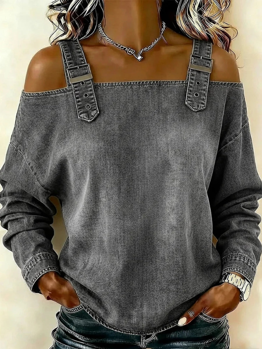 Sandra – blusa de mezclilla con hombros descubiertos y mangas largas