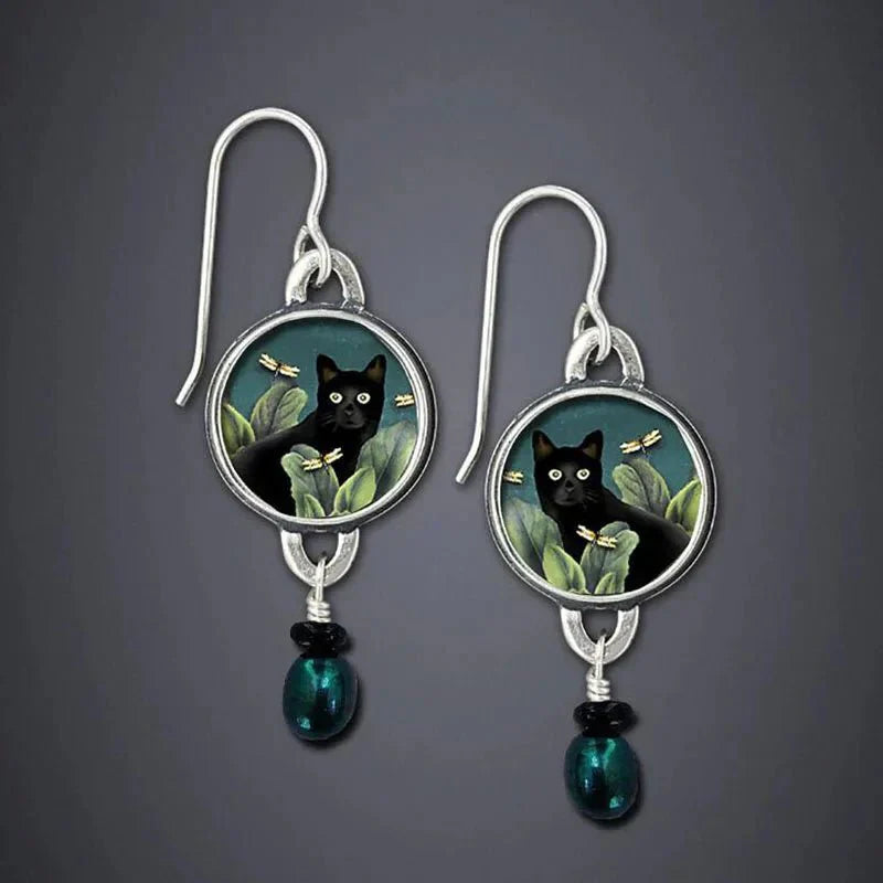 Aretes colgantes vintage con gato negro tropical